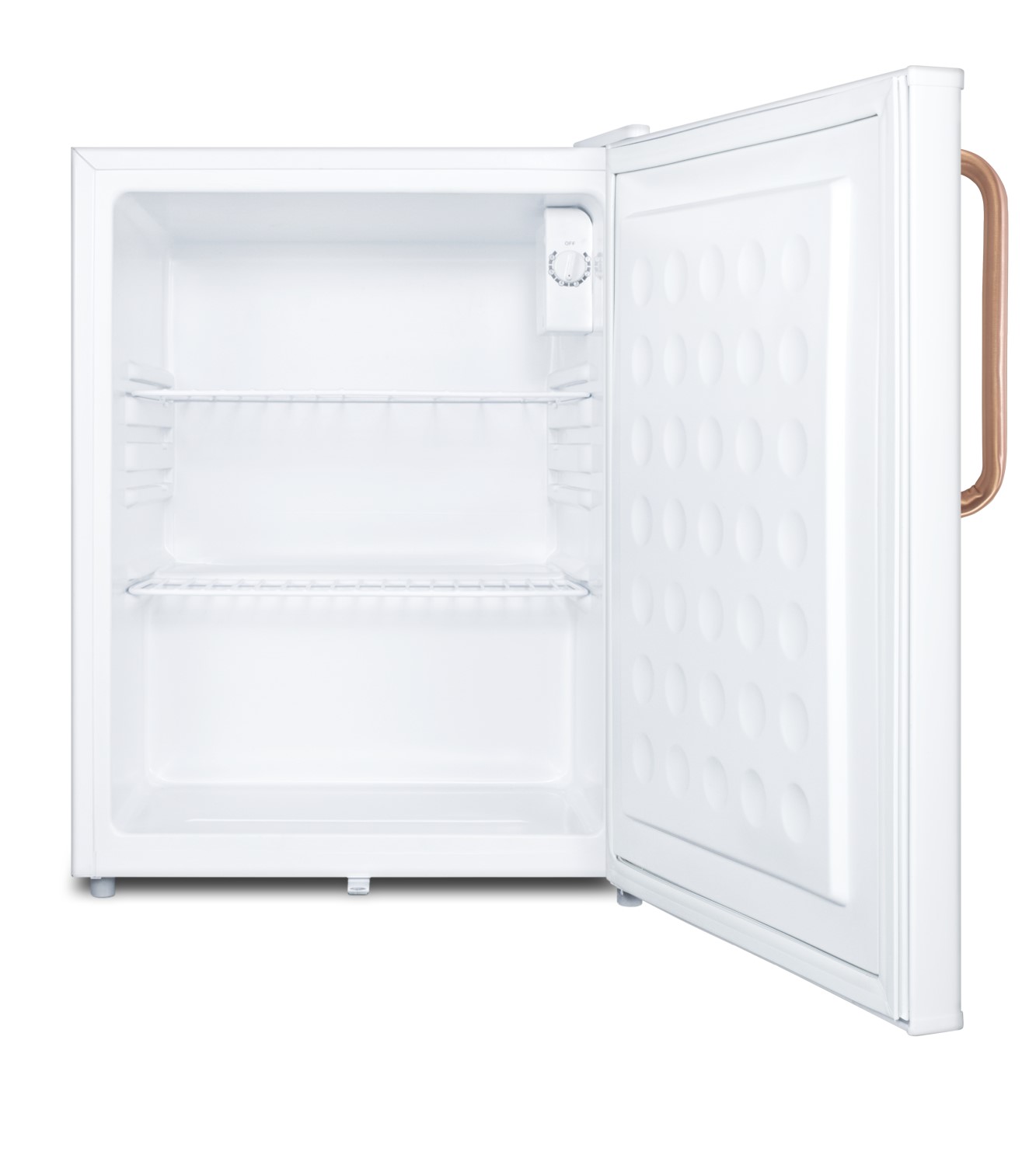 Compact all-refrigerator with automatic defrost, pure copper handle, front-mounted lock, and white finish